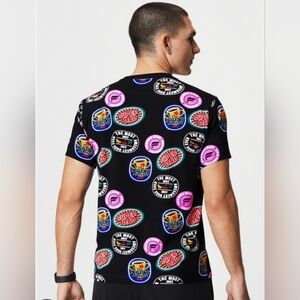 Fabletics Mens Dad Shirt Black Graphic T-Shirt with Colorful Logos LARGE